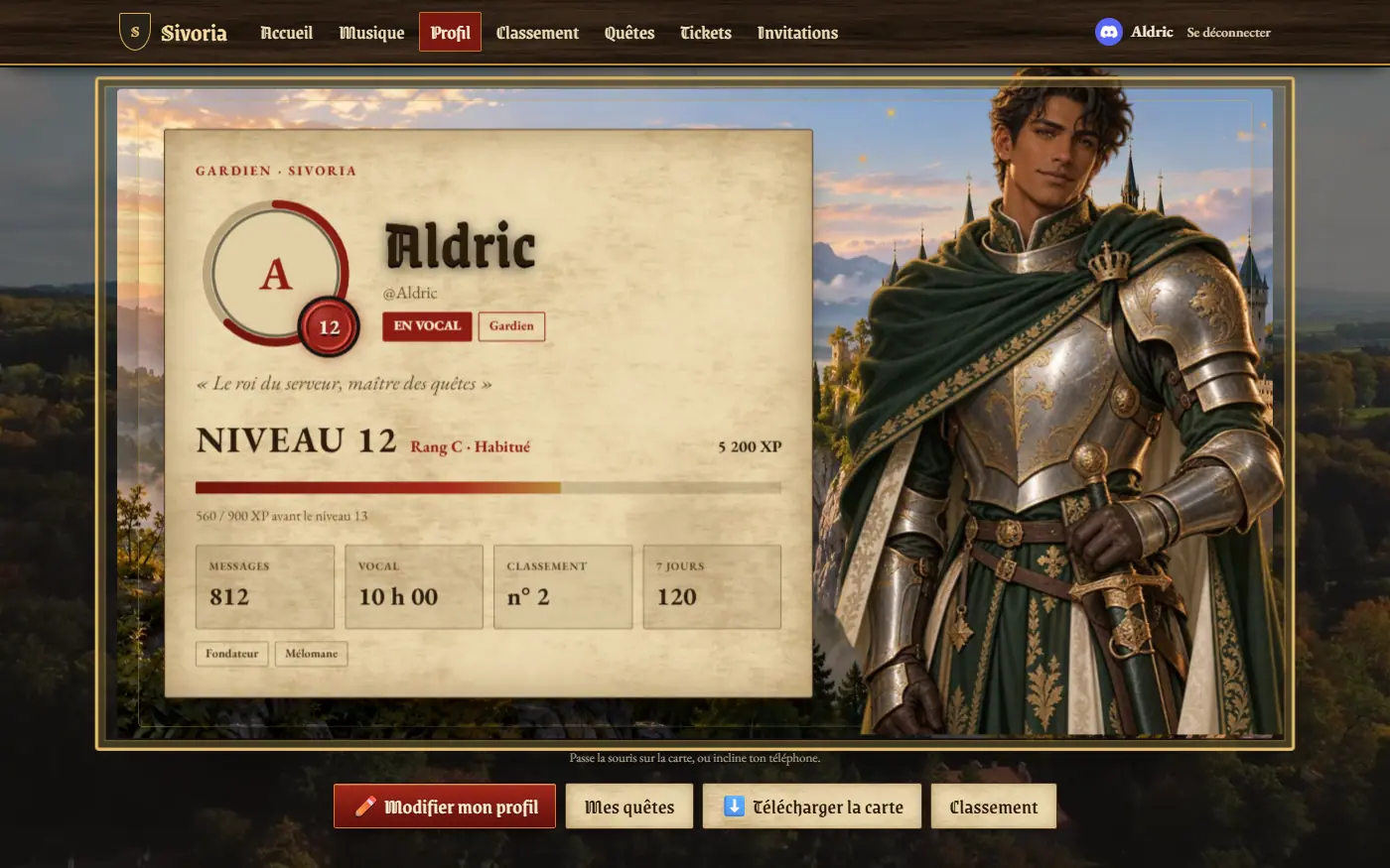 La carte de profil en relief, sur le site du serveur